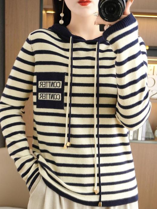 QH-GH-333秋冬新款宽松休闲拼色卫衣连帽条纹针织衫女外穿条纹毛衣一件 商品图1