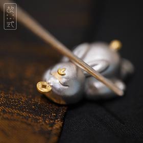 故式·金钱兔茶枕 茶道摆件茶宠茶配件笔搁置 黄铜镀金镀银