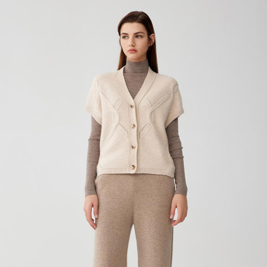 【纯羊绒镂空短袖V开衫马甲】羊绒世家秋冬新品女士新品100%山羊绒外套 商品图0