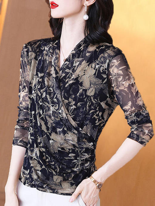 丁摩 网纱上衣女四季春秋新款新款新款上档次打底衫女洋气小衫短款T恤3ZF-MZ801314 商品图3