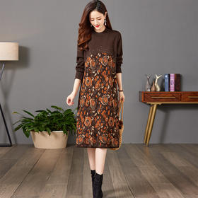时尚气质，新款宽松大码中长款打底毛衣裙子印花拼接针织连衣裙CC-E-7825