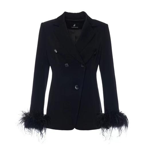 黑色鸵鸟毛可拆式袖口进口缎面醋酸修身西装 商品图0