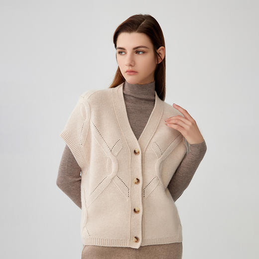 【纯羊绒镂空短袖V开衫马甲】羊绒世家秋冬新品女士新品100%山羊绒外套 商品图1