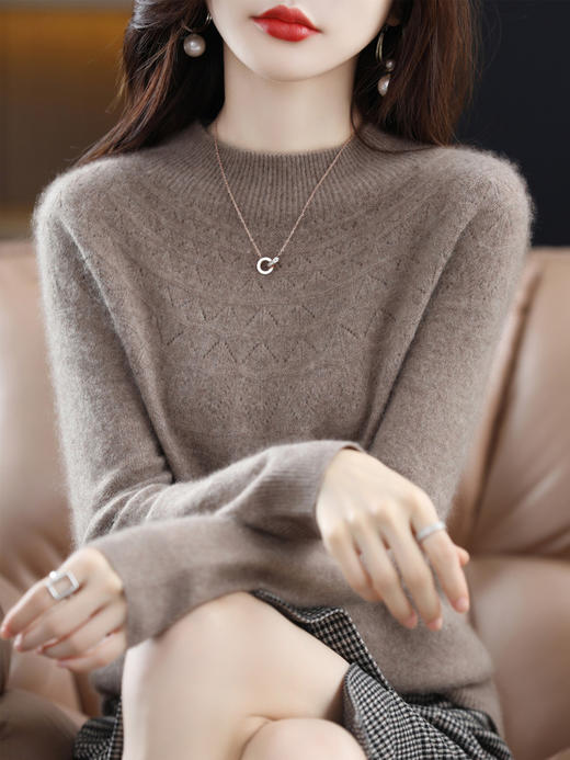 QH-D003一线成衣半高领镂空羊毛衫女秋冬宽松显瘦长袖打底羊毛毛衣 商品图3