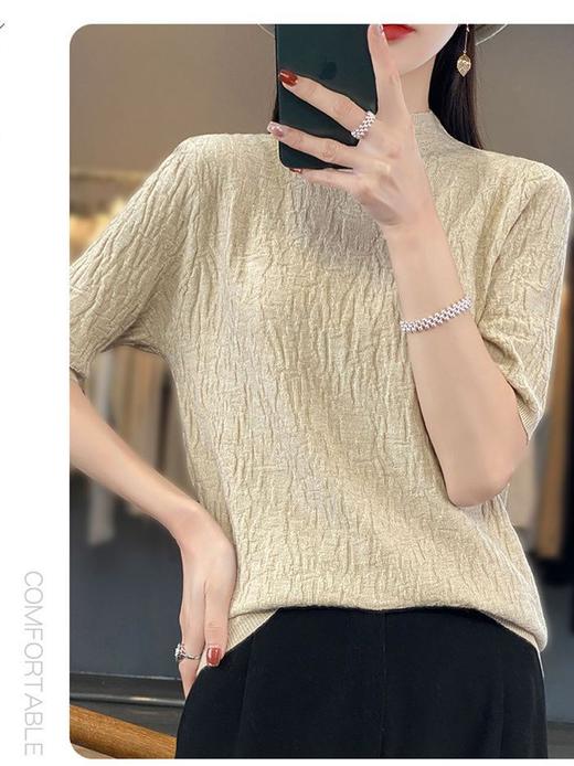 QH-JR309半高领纹理半袖套头百搭针织衫女宽松显瘦内搭纯色毛衣短袖五分袖 商品图1