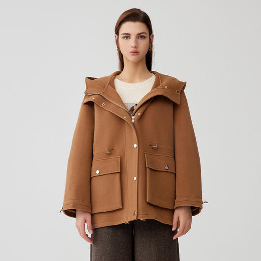 【连帽款羊毛羊绒大衣】23年秋冬新品女士直筒羊毛大衣短款宽松毛衣外套 商品图0