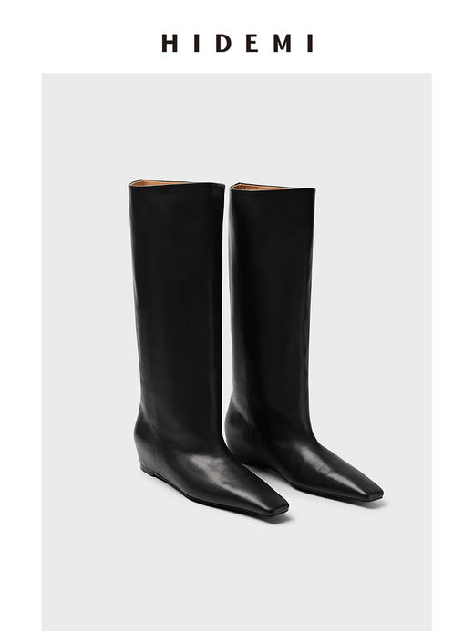 HIDEMI 【宋茜同款】牛皮经典方尖头隐形内增高坡跟长靴马靴 商品图0