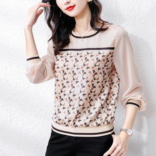 秋季新款，百搭垂感仿真丝秋季印花长袖宽松拼接气质T恤上衣KQL-762G029 商品图2