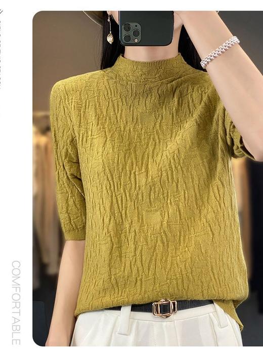 QH-JR309半高领纹理半袖套头百搭针织衫女宽松显瘦内搭纯色毛衣短袖五分袖 商品图3