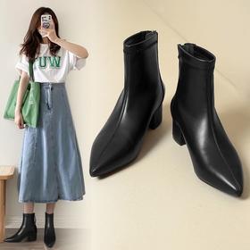 ZHR法式小高跟鞋粗跟短靴鞋子女靴子鞋时尚女鞋瘦瘦靴子女鞋