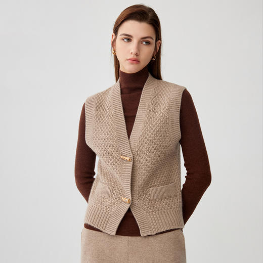 【纯羊绒无袖开衫】羊绒世家秋冬新品女士100%山羊绒V领单排扣小外套 商品图2