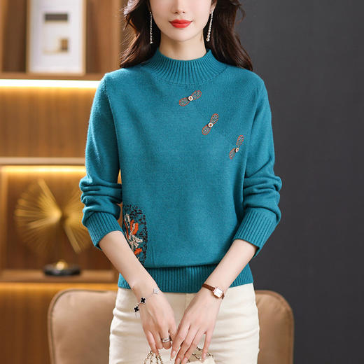 国风刺绣半高领毛衣，妈妈新款秋冬打底衫中年女士洋气上衣CC-21-183 商品图0