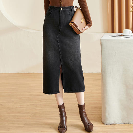 剩S/M 芳外 2026春季新款复古气质牛仔半身裙修身开叉显瘦百搭中长裙3111 商品图0