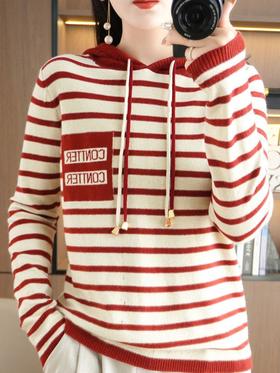 QH-GH-333秋冬新款宽松休闲拼色卫衣连帽条纹针织衫女外穿条纹毛衣一件