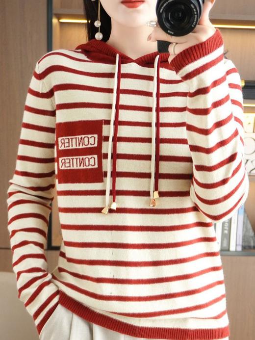 QH-GH-333秋冬新款宽松休闲拼色卫衣连帽条纹针织衫女外穿条纹毛衣一件 商品图0