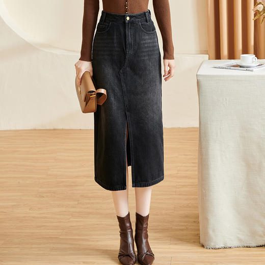 剩S/M 芳外 2026春季新款复古气质牛仔半身裙修身开叉显瘦百搭中长裙3111 商品图2