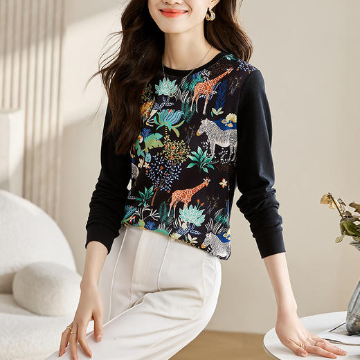 秋冬新款，针织女长袖百搭缎面印花套头毛衣休闲圆领T恤上衣KQL-762G296 商品图2