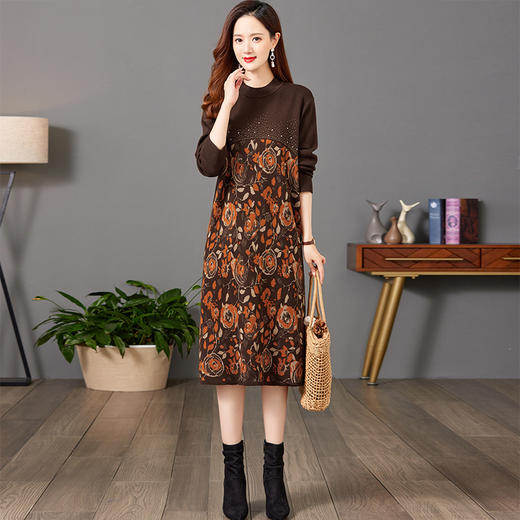时尚气质，新款宽松大码中长款打底毛衣裙子印花拼接针织连衣裙CC-E-7825 商品图2