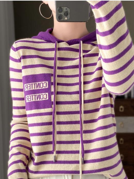 QH-GH-333秋冬新款宽松休闲拼色卫衣连帽条纹针织衫女外穿条纹毛衣一件 商品图2