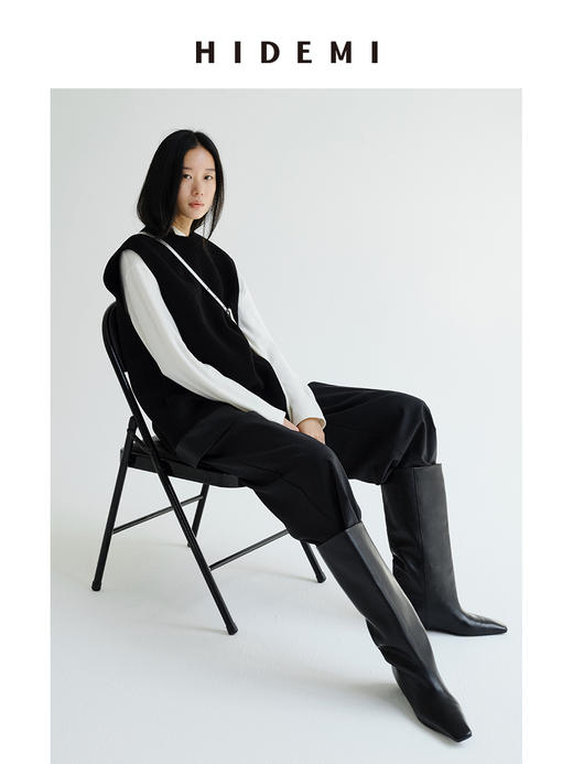 HIDEMI 【宋茜同款】牛皮经典方尖头隐形内增高坡跟长靴马靴 商品图1