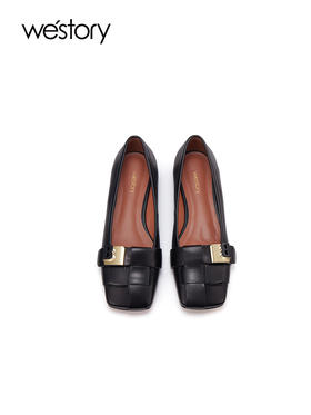 westory2023秋季新款方头金属扣羊皮软平底法式芭蕾单鞋女一脚蹬W23CE73921