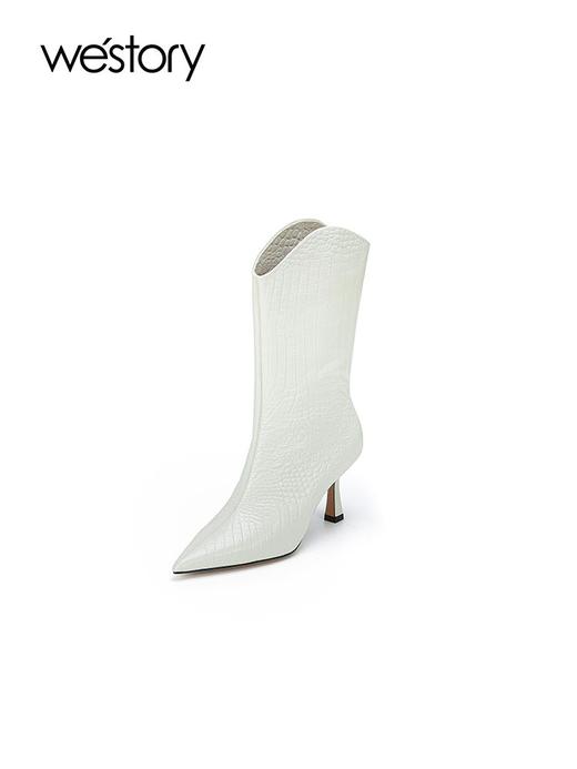 westory2023年秋季新品鳄鱼纹牛皮时装靴尖头高跟长靴女W23DC83691 商品图2