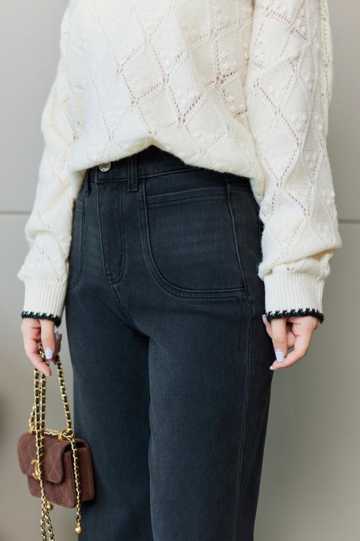 脚印扣口袋灰黑直筒裤 商品图5