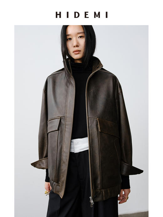 HIDEMI 小男孩系列新西兰复古做旧擦色羊皮工装口袋设计感皮夹克真皮皮衣大衣 商品图5