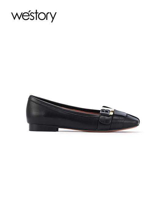 westory2023秋季新款方头金属扣羊皮软平底法式芭蕾单鞋女一脚蹬W23CE73921 商品图2