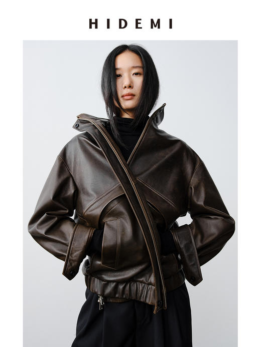 HIDEMI 小男孩系列新西兰复古做旧擦色羊皮工装口袋设计感皮夹克真皮皮衣大衣 商品图7