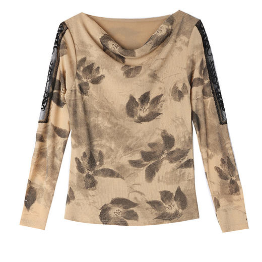 ALBB-堆堆领印花网纱打底衫女2023秋季新款气质百搭长袖T恤水墨画上衣 商品图4