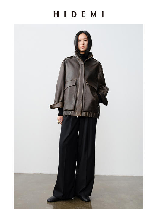 HIDEMI 小男孩系列新西兰复古做旧擦色羊皮工装口袋设计感皮夹克真皮皮衣大衣 商品图4