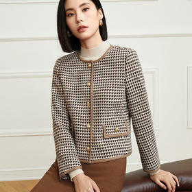 玳莎千鸟格绵羊毛外套冬季新款小香风拼皮设计感圆领短款上衣  DD37306