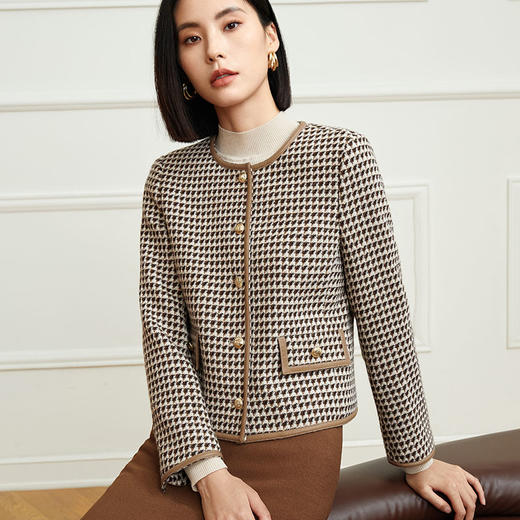 玳莎千鸟格绵羊毛外套冬季新款小香风拼皮设计感圆领短款上衣  DD37306 商品图0