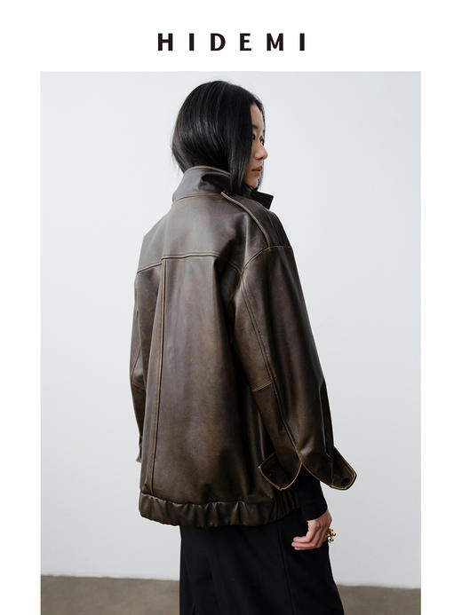 HIDEMI 小男孩系列新西兰复古做旧擦色羊皮工装口袋设计感皮夹克真皮皮衣大衣 商品图6