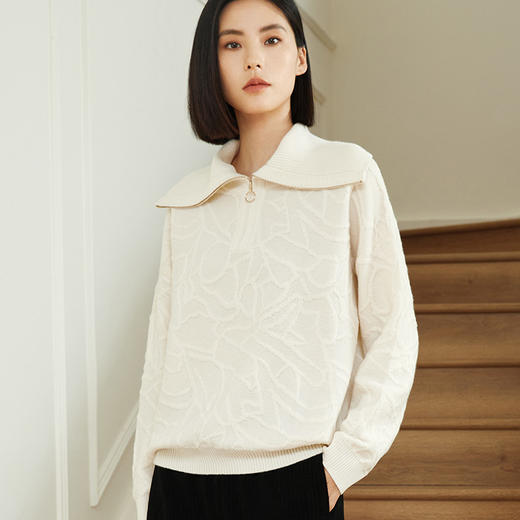 【100%绵羊毛】玳莎设计感针织衫女秋冬新款提花大翻领毛衣  DD33314 商品图0