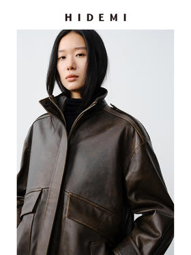 HIDEMI 小男孩系列新西兰复古做旧擦色羊皮工装口袋设计感皮夹克真皮皮衣大衣