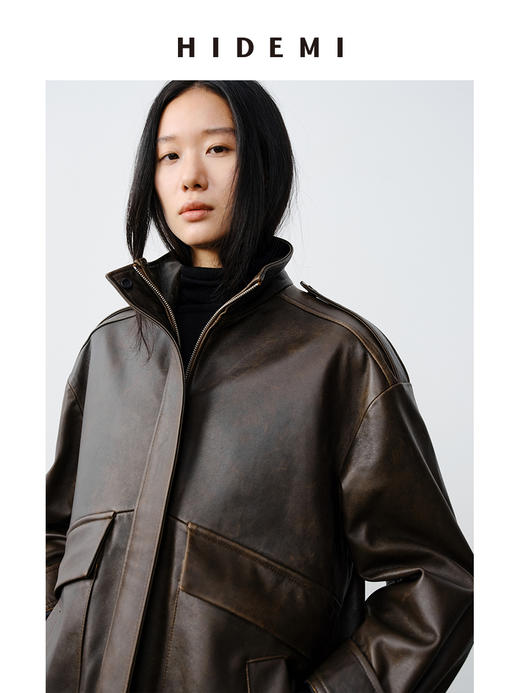 HIDEMI 小男孩系列新西兰复古做旧擦色羊皮工装口袋设计感皮夹克真皮皮衣大衣 商品图0