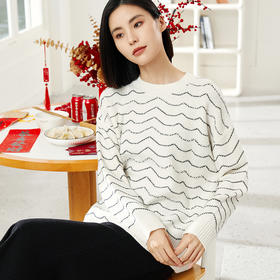 玳莎珍珠装饰套头针织衫女2023冬季新款设计感波浪条纹优雅上衣  DD33303