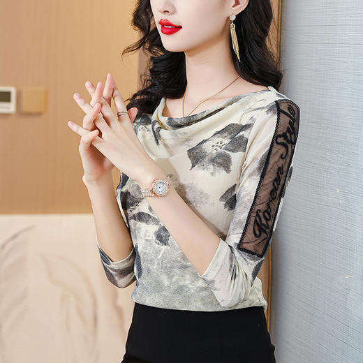 ALBB-堆堆领印花网纱打底衫女2023秋季新款气质百搭长袖T恤水墨画上衣 商品图3