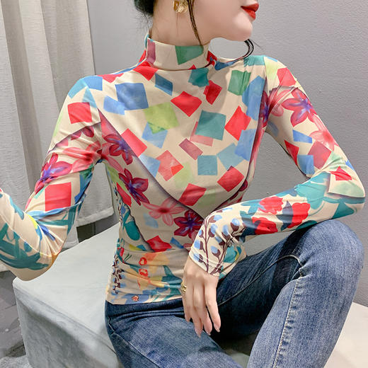 时尚洋气，秋冬长袖高领网纱t恤女定位花打底小衫上衣KQL-A55F0866 商品图2