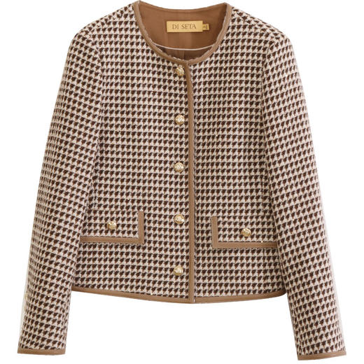 玳莎千鸟格绵羊毛外套冬季新款小香风拼皮设计感圆领短款上衣  DD37306 商品图4