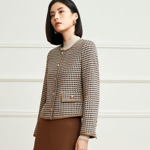 玳莎千鸟格绵羊毛外套冬季新款小香风拼皮设计感圆领短款上衣  DD37306 商品图1