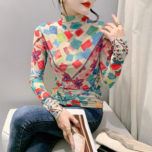时尚洋气，秋冬长袖高领网纱t恤女定位花打底小衫上衣KQL-A55F0866 商品图1