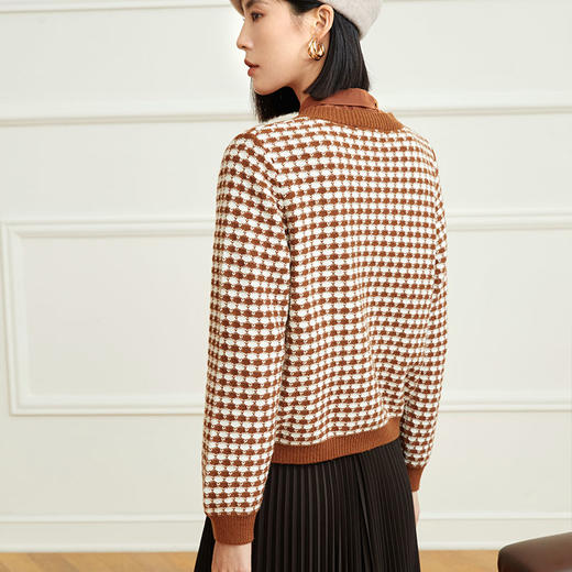 玳莎女装格子提花针织开衫秋冬新款小香风复古圆领毛衣外套  DD33315 商品图1