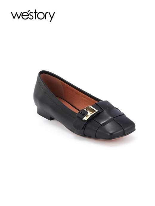 westory2023秋季新款方头金属扣羊皮软平底法式芭蕾单鞋女一脚蹬W23CE73921 商品图3
