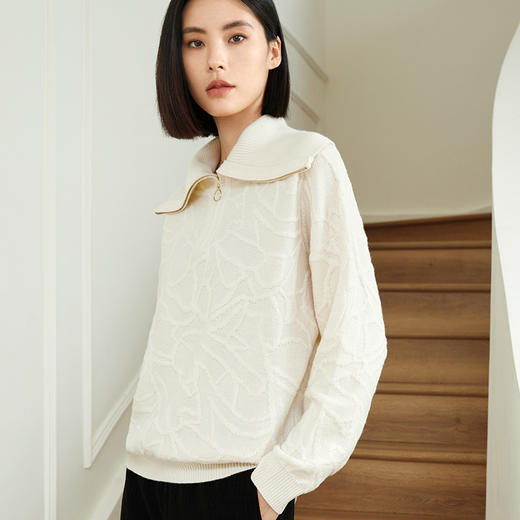 【100%绵羊毛】玳莎设计感针织衫女秋冬新款提花大翻领毛衣  DD33314 商品图1
