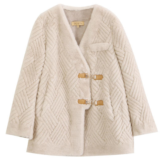 玳莎时尚仿水貂毛外套2023冬季新款优雅气质宽松高级感V领大衣  DD39306 商品图4