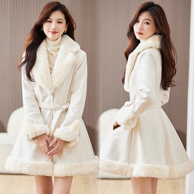 秋冬新款，女装韩版中长款修身裙摆大衣显瘦皮毛一体小个子外套HR-CLYZ23137