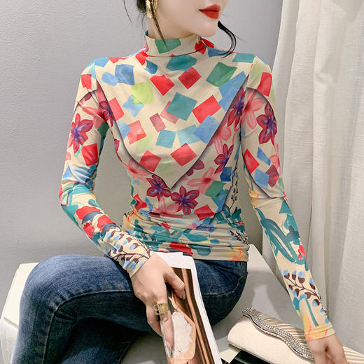 时尚洋气，秋冬长袖高领网纱t恤女定位花打底小衫上衣KQL-A55F0866 商品图0